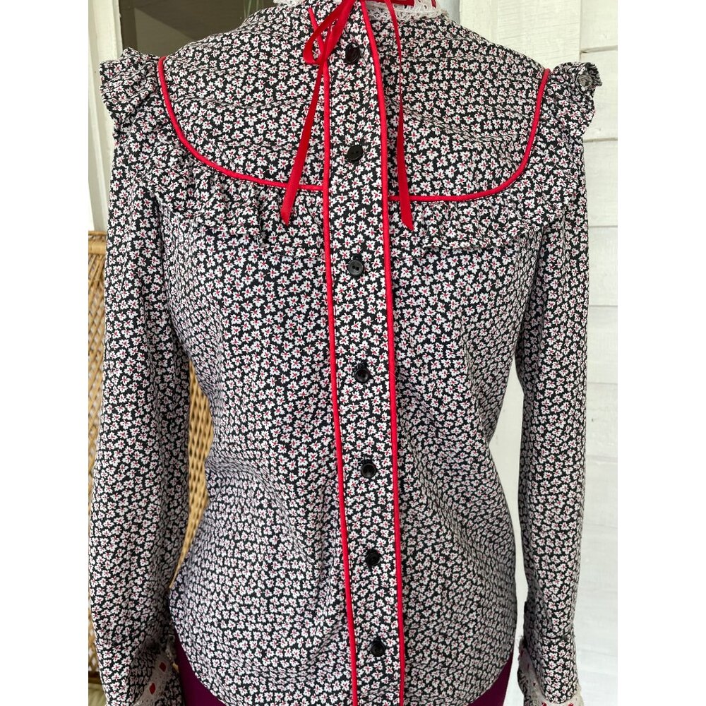 Vintage 1970s Floral Cotton Ruffle Western Shirt Black Red Size Small - Picture 4 of 11